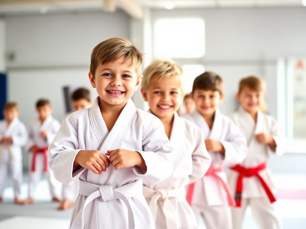 Crianças de kimono branco em aula do programa GB Kids
